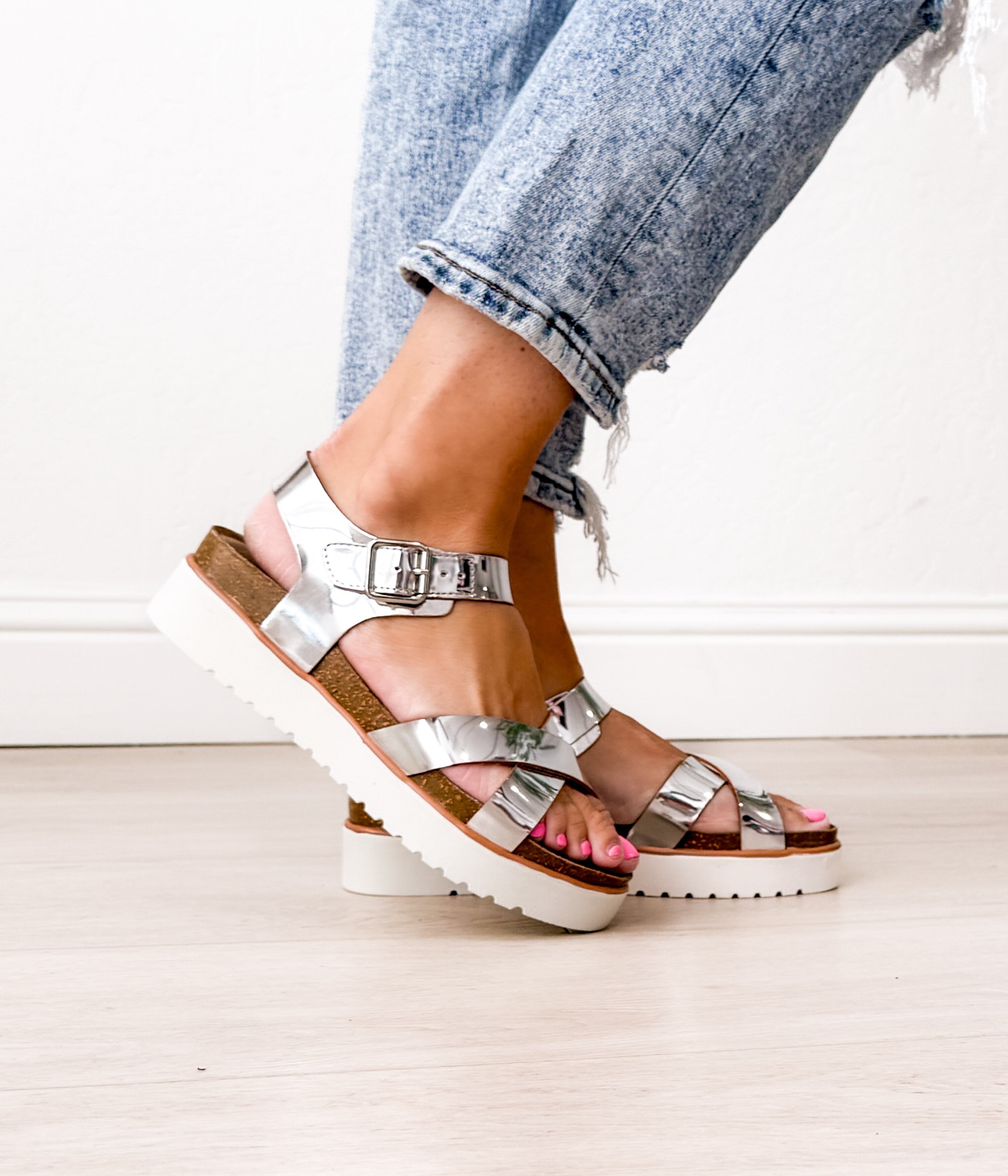 Oetter Silver Sandal Buckle Ankle Closure Padded Footbed Naughty Monkey